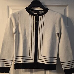 Ann Taylor Black & White Striped Jacquard Ann Cardigan